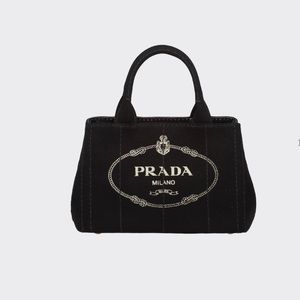 PRADA Small Cotton Canvas Tote in color Black/Chalk White with Gold hardware.